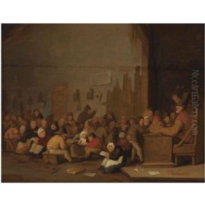 A School Room Interior With Children Reading And Playing, A Teacher Seated Behind A Desk On The Right by Bartholomeus Molenaer