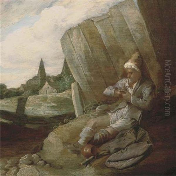 A Peasant Delousing Himself By A Fence - view 1