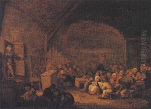 A School Interior With Children Reading, Playing Cards And Dice, A School Teacher Entering Through A Door On The Left by Bartholomeus Molenaer