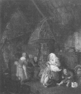 A Tavern Interior With A Mother Breast-feeding A Baby, A Boy Eating And Peasants Beside A Fire