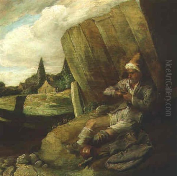 A Peasant Picking Fleas By A Fence - view 1