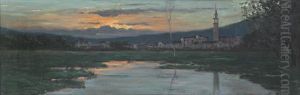 Paese Sul Lago Al Tramonto by Bartolomeo Bezzi