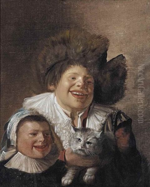 A Smiling Girl And A Boy With A Fur Hat Holding A Cat - view 1