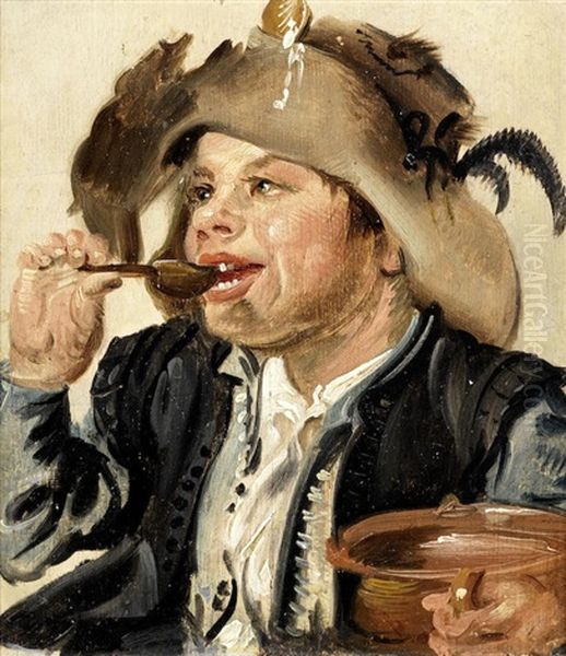 A Young Boy Eating Porridge - view 1