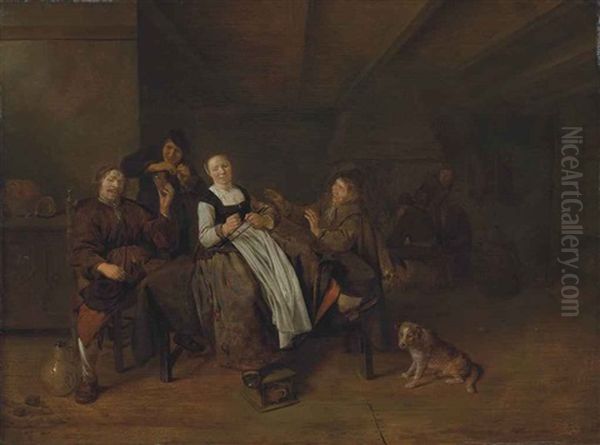A Merry Group Of Figures Sitting In A Barn With A Dog, Others Gathering Around A Fireplace - view 1