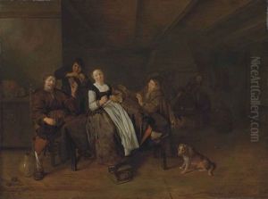 A Merry Group Of Figures Sitting In A Barn With A Dog, Others Gathering Around A Fireplace by Jan Miense Molenaer