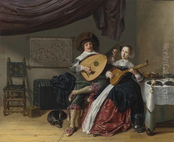 The Duet: A Self Portrait Of The Artist With His Wife, Judith Leyster, Probably Their Marriage Portrait by Jan Miense Molenaer