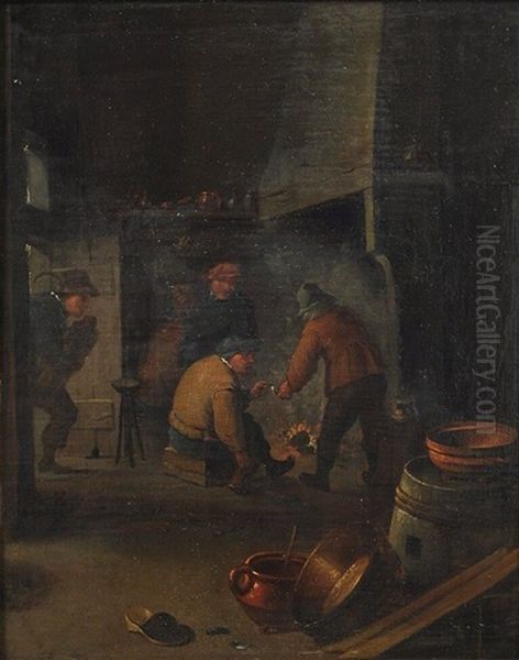 Bauerliches Interieur Mit Rauchenden Bauern Vor Kamin - view 1