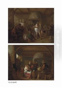 A Tavern Interior With A Bagpiper, A Couple Dancing, And Figures Playing Cards; A Tavern Interior With Figures Merrymaking And Carousing (pair)