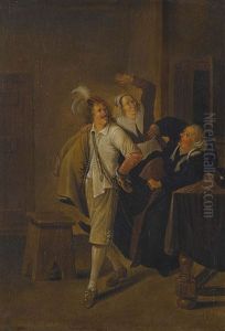 Interieurszene Mit Herrn Und Geldwechslerin