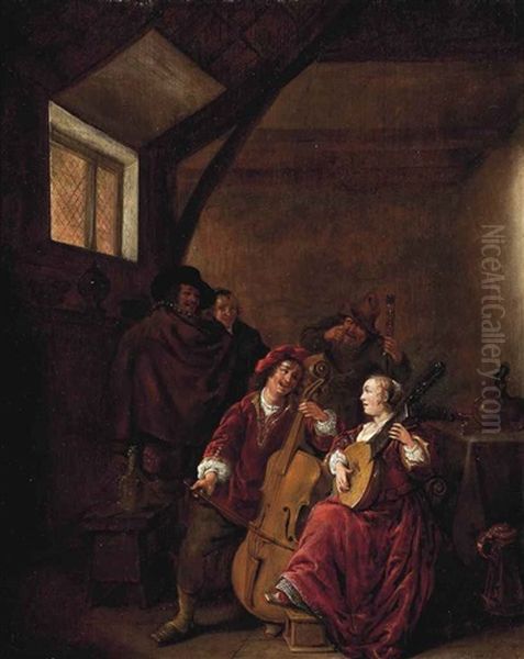 Elegant Company Making Music And Peasants Drinking In An Interior - view 1