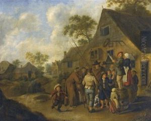 A Village Street With Villagers Gathered Around Two Figures Proclaiming News, Standing On Barrels Outside An Inn by Jan Miense Molenaer