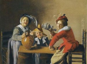 An Interior With Three Children Making Mischief Around A Table With Jugs And A Pipe