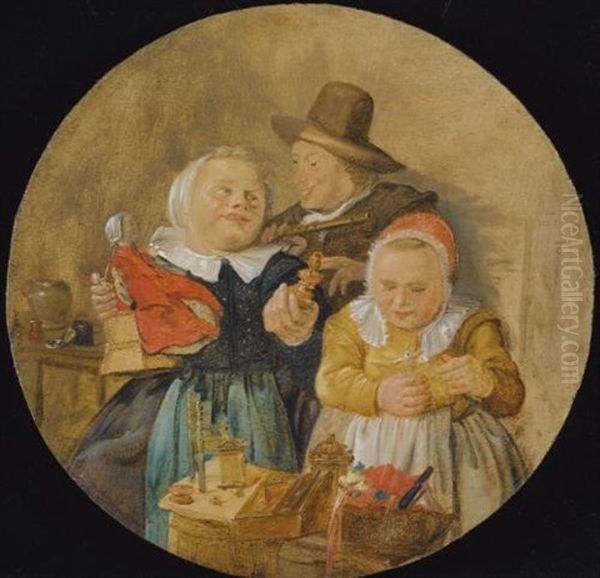 An Interior With A Man Holding A Flute, And Two Children Playing With Their Toys - view 1