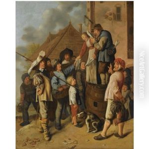 A Man And A Woman Standing On Barrels Reading A Newspaper Out Loud, Surrounded By A Group Of Figures, Outside A Tavern by Jan Miense Molenaer