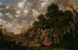 Dorfstrasse Mit Um Ein Feuer Versammelten Bauern by Jan Miense Molenaer
