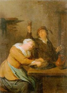 Kucheninterieur Mit Mahlzeit Zubereitender Frau Und Glas Erhebendem Mann Kucheninterieur Mit Mahlzeit Zubereitender Frau Und Glas Erhebendem Mann