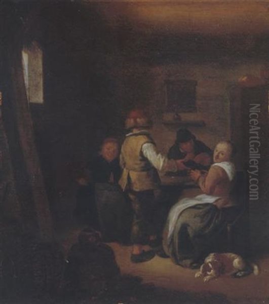 An Interior With Four Peasants Around A Table With A Dog - view 1