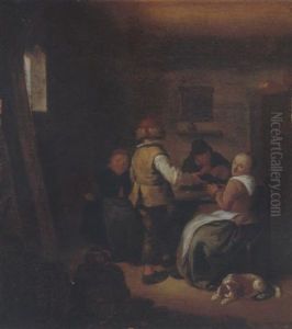 An Interior With Four Peasants Around A Table With A Dog by Jan Miense Molenaer