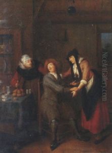 Tweeerlei Keus: An Elegant Couple With An Old Woman In An Interior by Jan Miense Molenaer