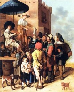 A Quack And His Assistant Advertising Their Business In A Village by Jan Miense Molenaer