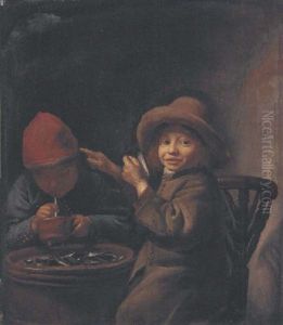 A Boy Eating Mussels, Another Lighting A Pipe by Jan Miense Molenaer
