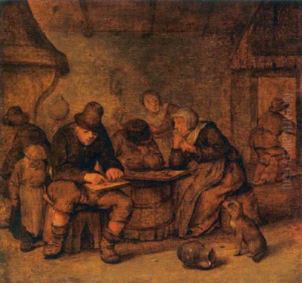 An Interior With Peasants Sitting Around A Table Near A Fireplace - view 1