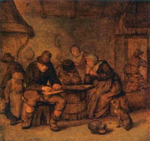 An Interior With Peasants Sitting Around A Table Near A Fireplace by Jan Miense Molenaer