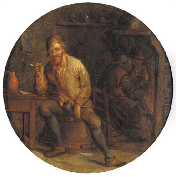 A Boor Smoking In An Interior, A Peasant Couple At A Fireplace Beyond - view 1