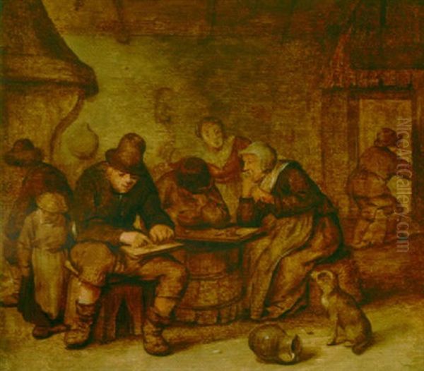 An Interior With Peasants Around A Table Near A Fireplace - view 1