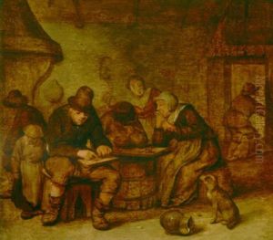 An Interior With Peasants Around A Table Near A Fireplace An Interior With Peasants Around A Table Near A Fireplace