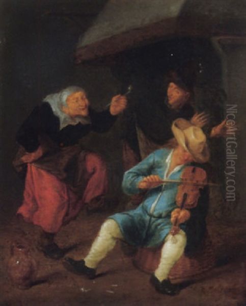 An Interior With Three Peasants, One Playing The Violin And Two Dancing Before A Fireplace - view 1