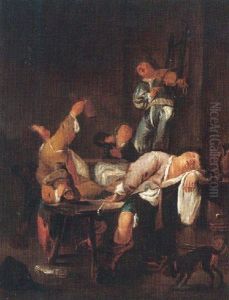 A Tavern Interior With A Peasant Playing The Violin And Singing, With Other Figures Drinking by Jan Miense Molenaer