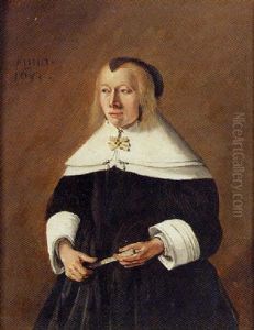 Portrait Of An Old Lady In A Black Dress And White Collar, Holding A Fan by Jan Miense Molenaer