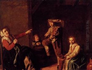 A Group Of Children Making Music And A Girl Holding A Cat by Jan Miense Molenaer