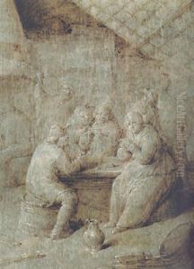 Interior With Boors Seated At A Table Playing Cards by Jan Miense Molenaer