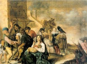 A Village Scene With Figures Dancing And A Lady Giving Alms In The Back