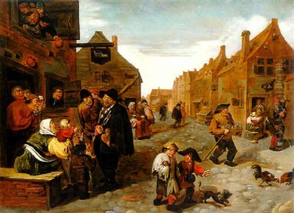 Scene De Rue De Village Avec Joueur De Vielle - view 1