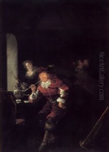 A Tavern Interior With A Man Smoking
