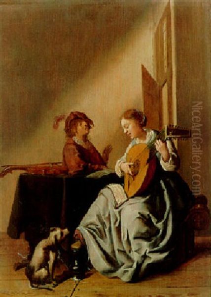 A Young Woman Playing The Lute With A Youth Singing In An Interior - view 1