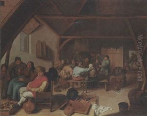 Tavern Interior With Figures Resting By A Fire And Others Eating And Drinking by Jan Miense Molenaer