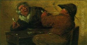 Two Peasants Smoking Pipes At A Table