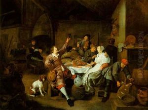 A Peasant Interior With Figures Around A Table, A Fiddler And A Boy Filling A Tankard