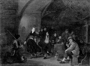 Baeuerliches Interieur Mit Tanzenden Personen