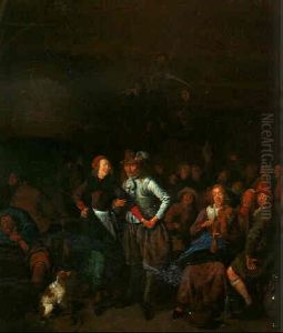 A Couple Dancing In A Tavern With A Woman Playing The Violin Neaby, Boors Making Music Beyond by Jan Miense Molenaer