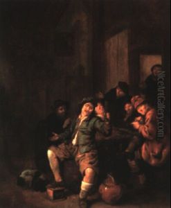 Peasants Seated Around A Table In An Interior Smoking And Drinking