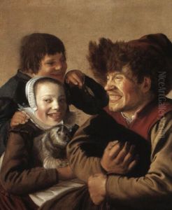 Grinning Boy In A Fur Hat Holding A Dog, A Girl With A Cat, And Boy Gesturing by Jan Miense Molenaer