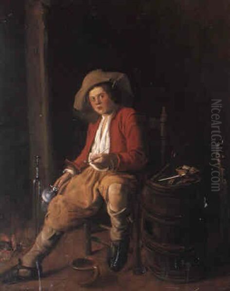 Boy Holding A Tankard And A Pipe, Sitting By A Fire - view 1