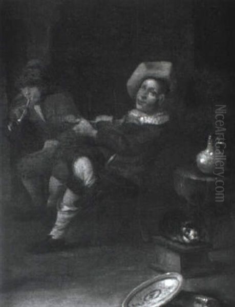 Violinist And Boor Smoking Pipe In Tavern - view 1