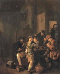 Seated Peasant Raising His Glass In A Toast With Other Villagers by Jan Miense Molenaer
